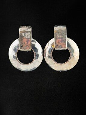 Silver Tone Hammered Door Knocker Post Earrings